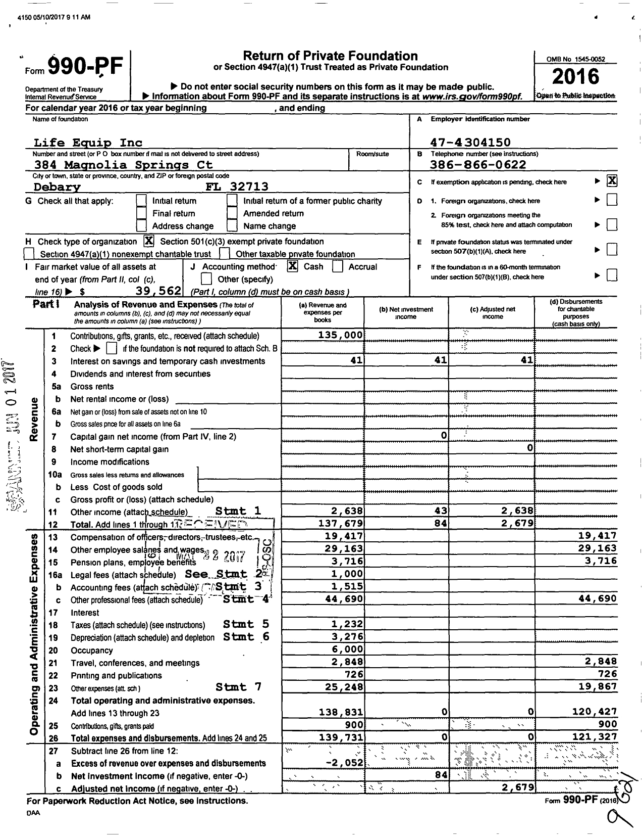 Image of first page of 2016 Form 990PF for Life Equip