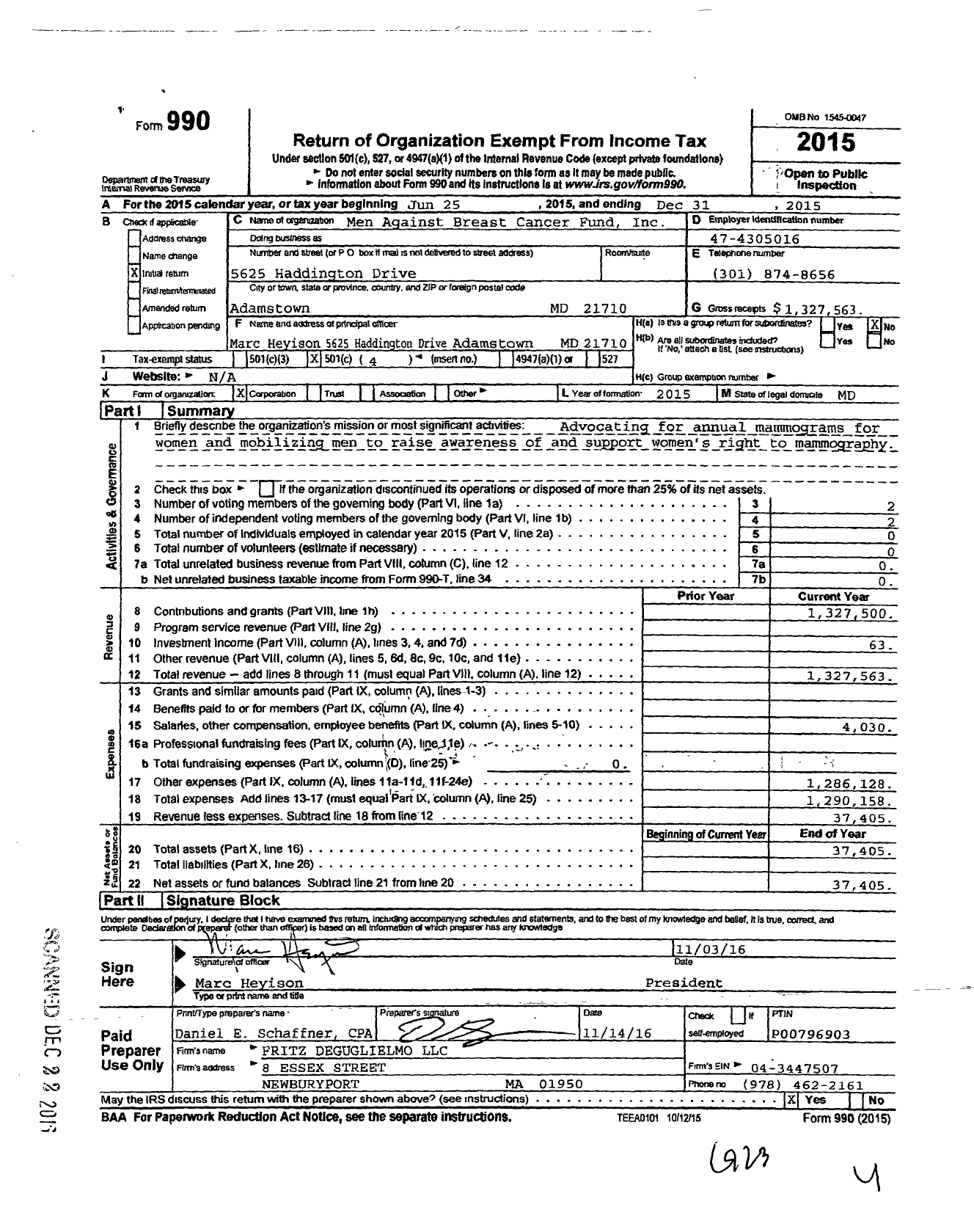 Image of first page of 2015 Form 990O for Men Against Breast Cancer Fund