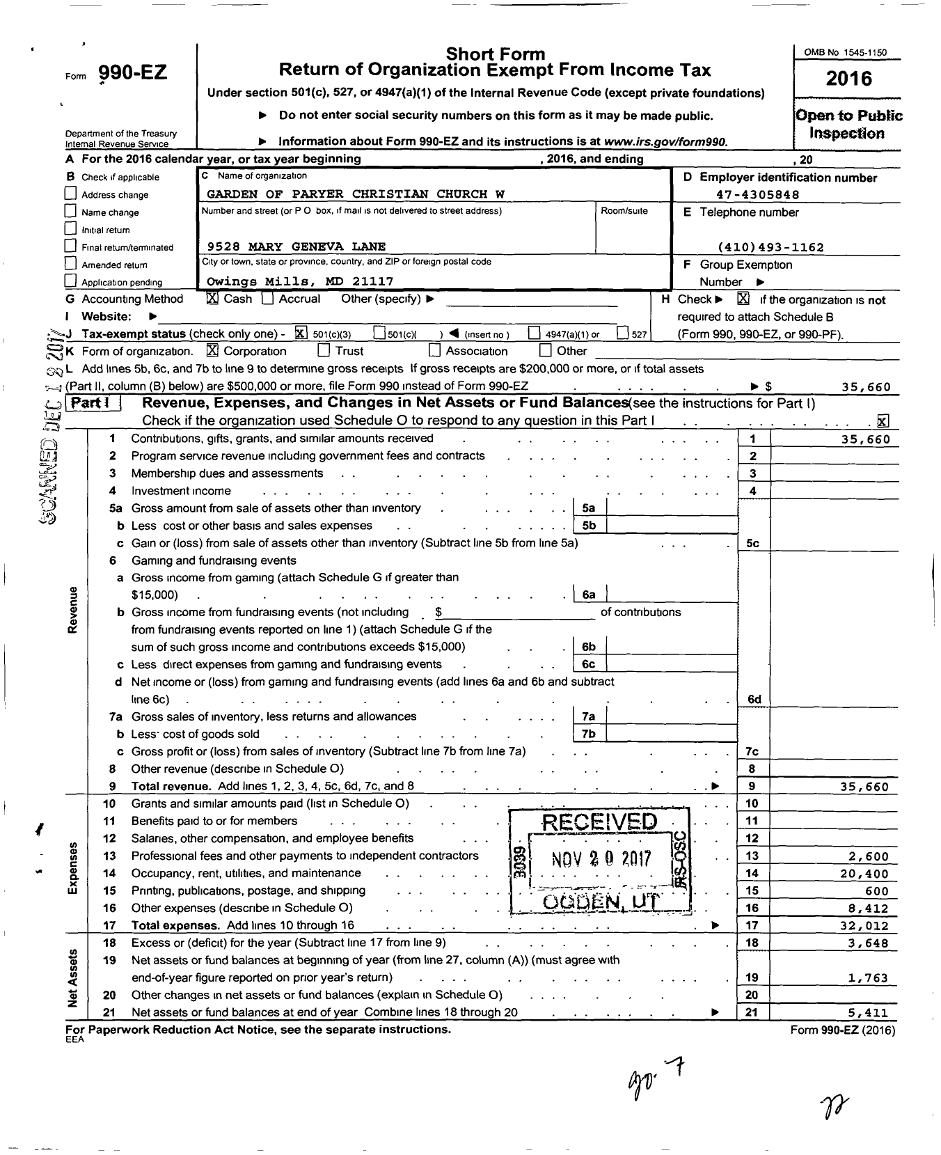 Image of first page of 2016 Form 990EZ for Garden of Paryer Christian Church W