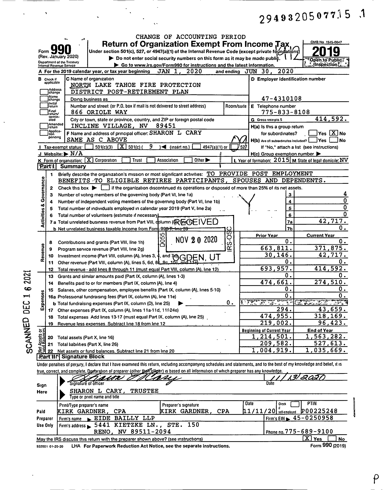 Image of first page of 2019 Form 990O for North Lake Tahoe Fire Protection District Post-Retirement Plan and Trust