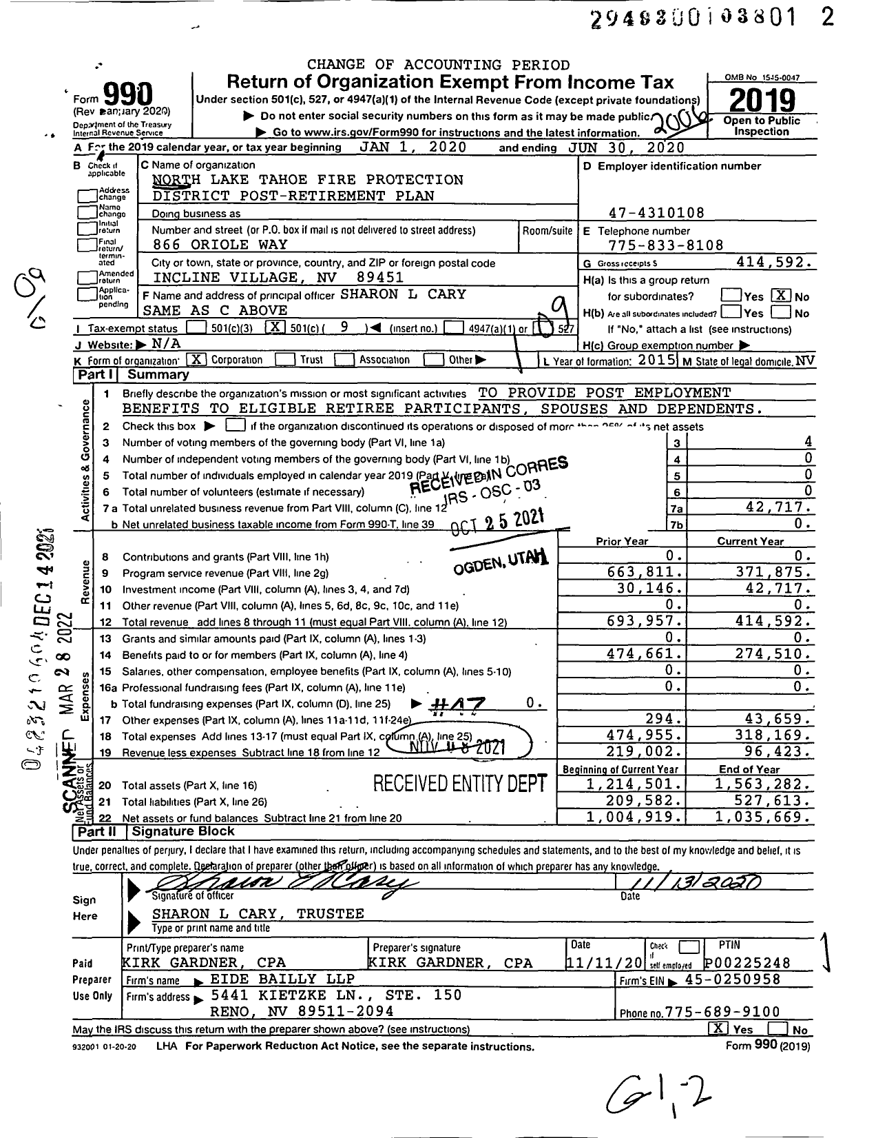 Image of first page of 2019 Form 990O for North Lake Tahoe Fire Protection District Post-Retirement Plan and Trust