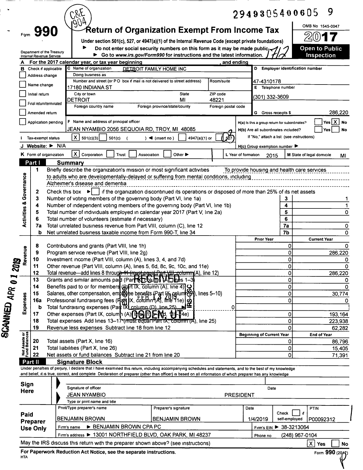 Image of first page of 2017 Form 990 for Detroit Family Home