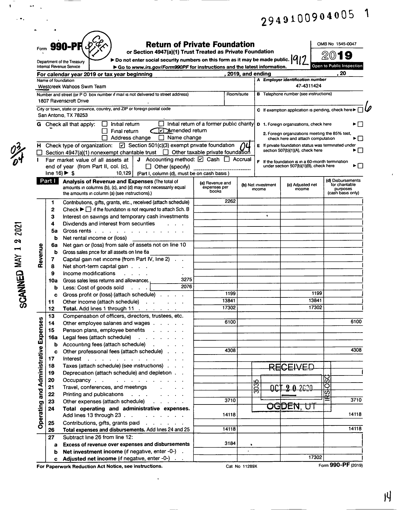 Image of first page of 2019 Form 990PF for Westcreek Wahoo Swim Team