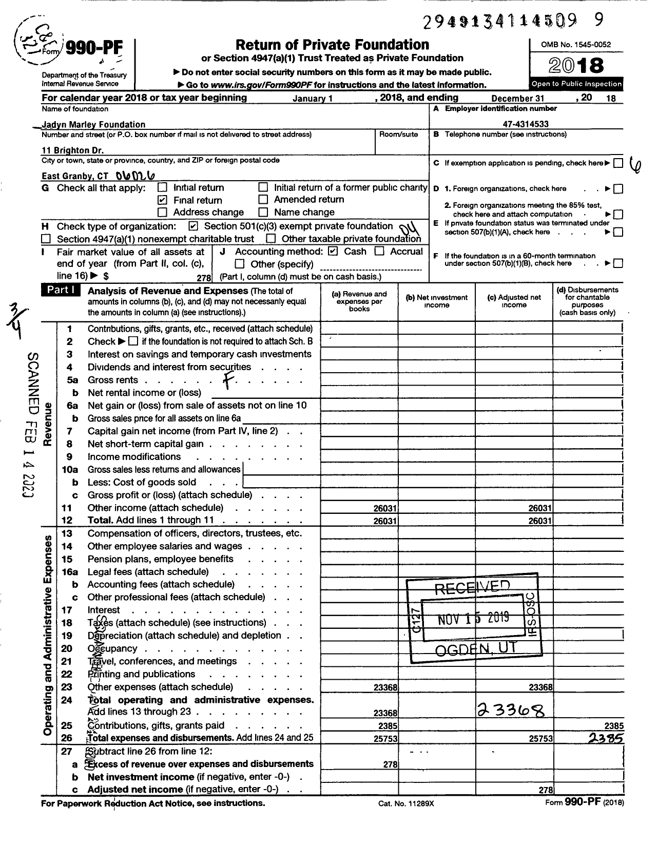 Image of first page of 2018 Form 990PF for Jadyn Marley Foundation