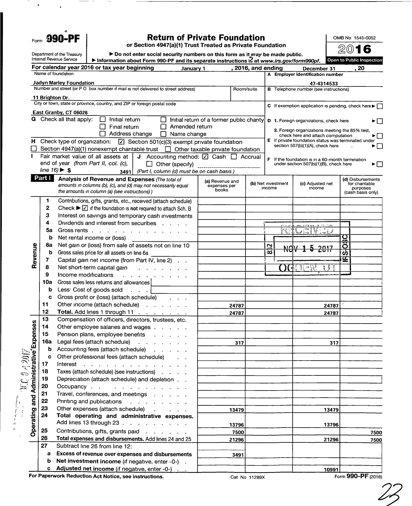 Image of first page of 2016 Form 990PF for Jadyn Marley Foundation