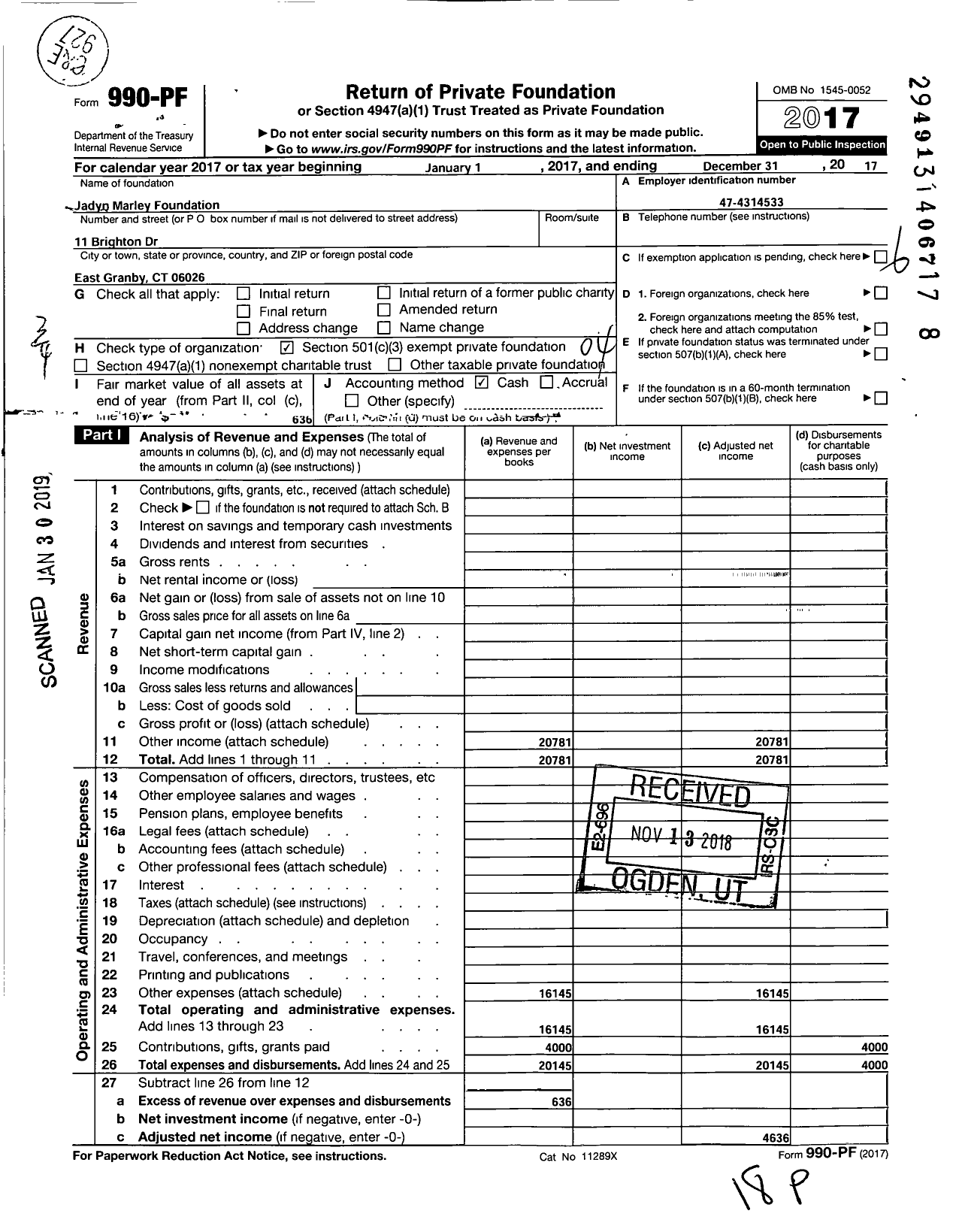 Image of first page of 2017 Form 990PF for Jadyn Marley Foundation