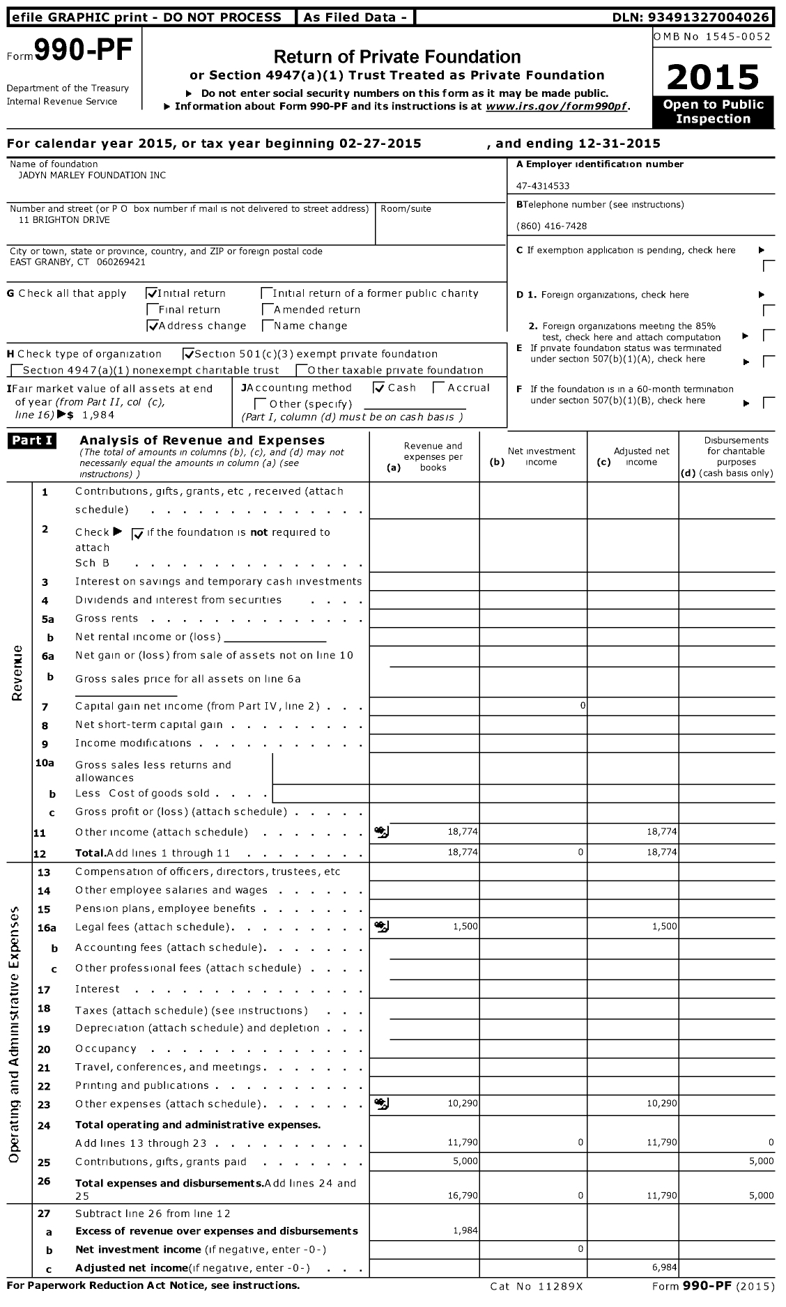 Image of first page of 2015 Form 990PF for Jadyn Marley Foundation