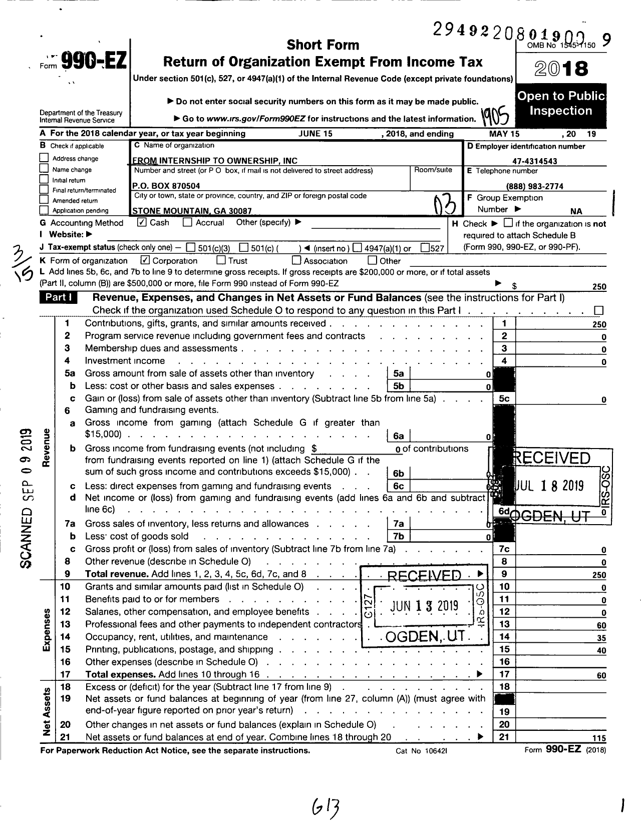 Image of first page of 2018 Form 990EZ for From Internship To Ownership