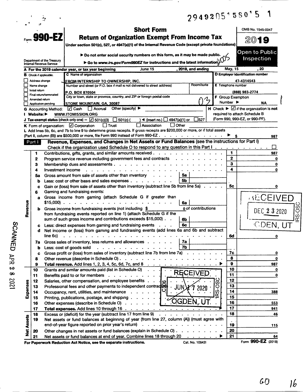 Image of first page of 2019 Form 990EZ for From Internship To Ownership