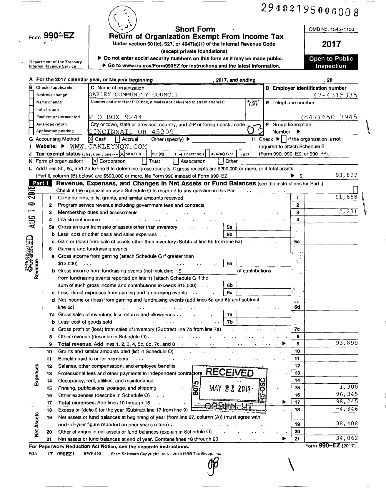 Image of first page of 2017 Form 990EZ for Oakley Community Council