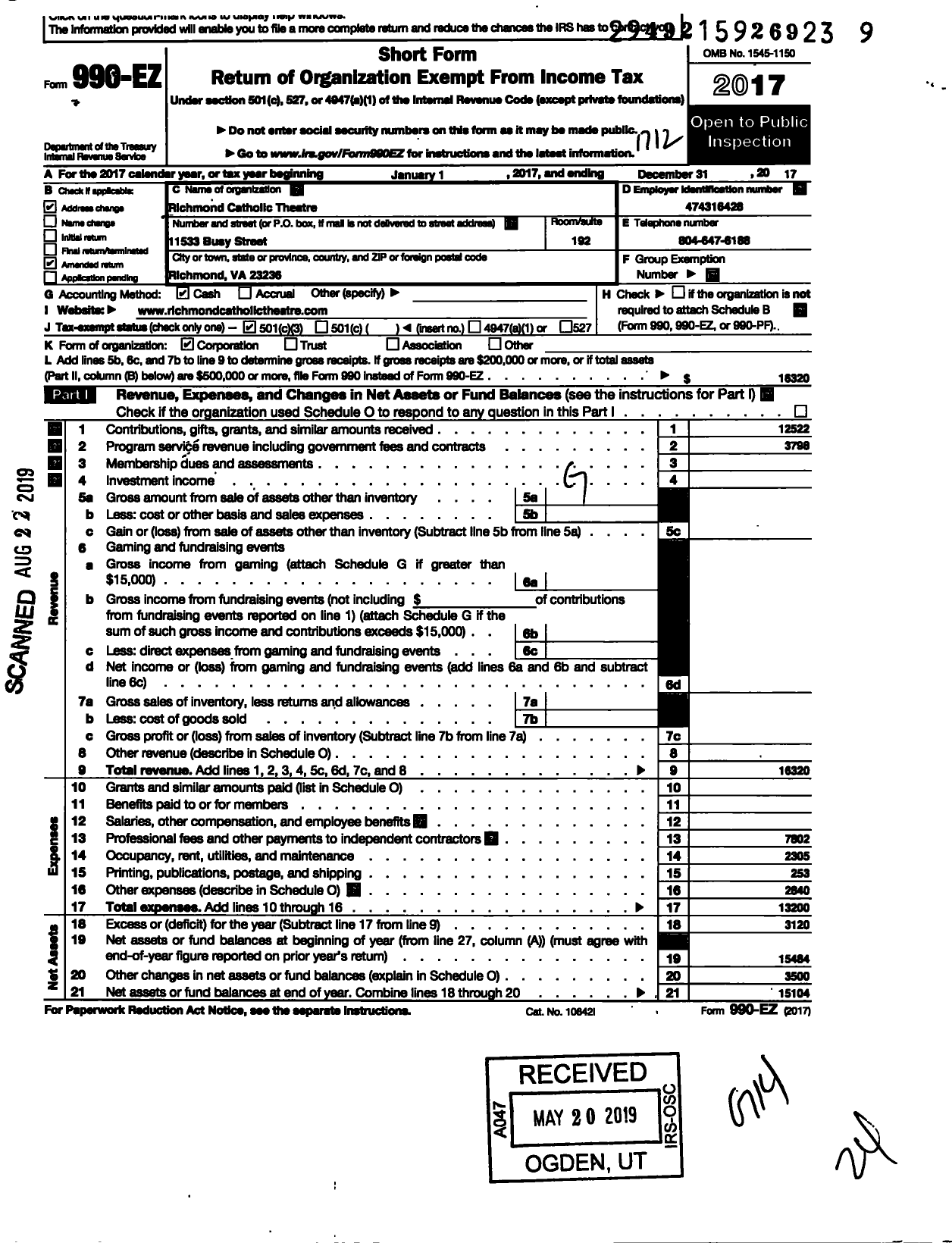 Image of first page of 2017 Form 990EZ for Richmond Catholic Theatre