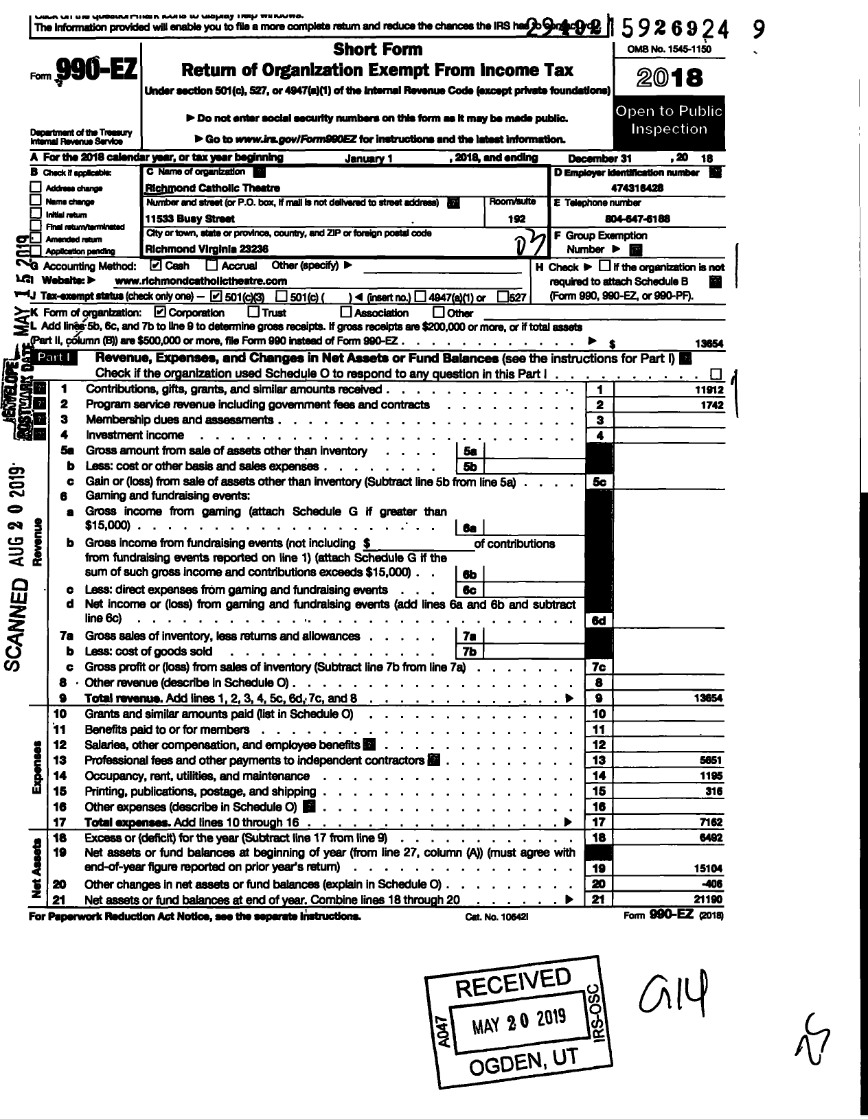 Image of first page of 2018 Form 990EZ for Richmond Catholic Theatre