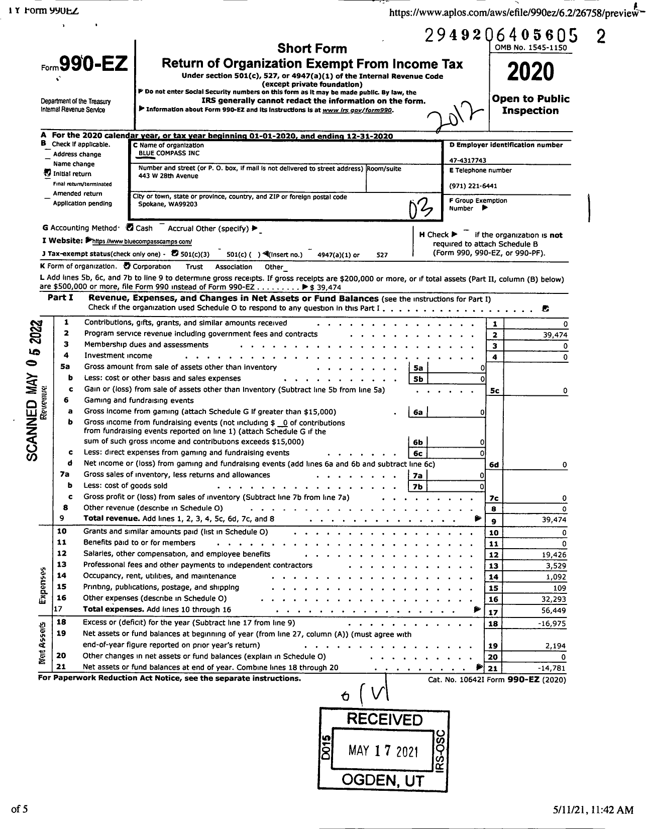 Image of first page of 2020 Form 990EZ for Blue Compass