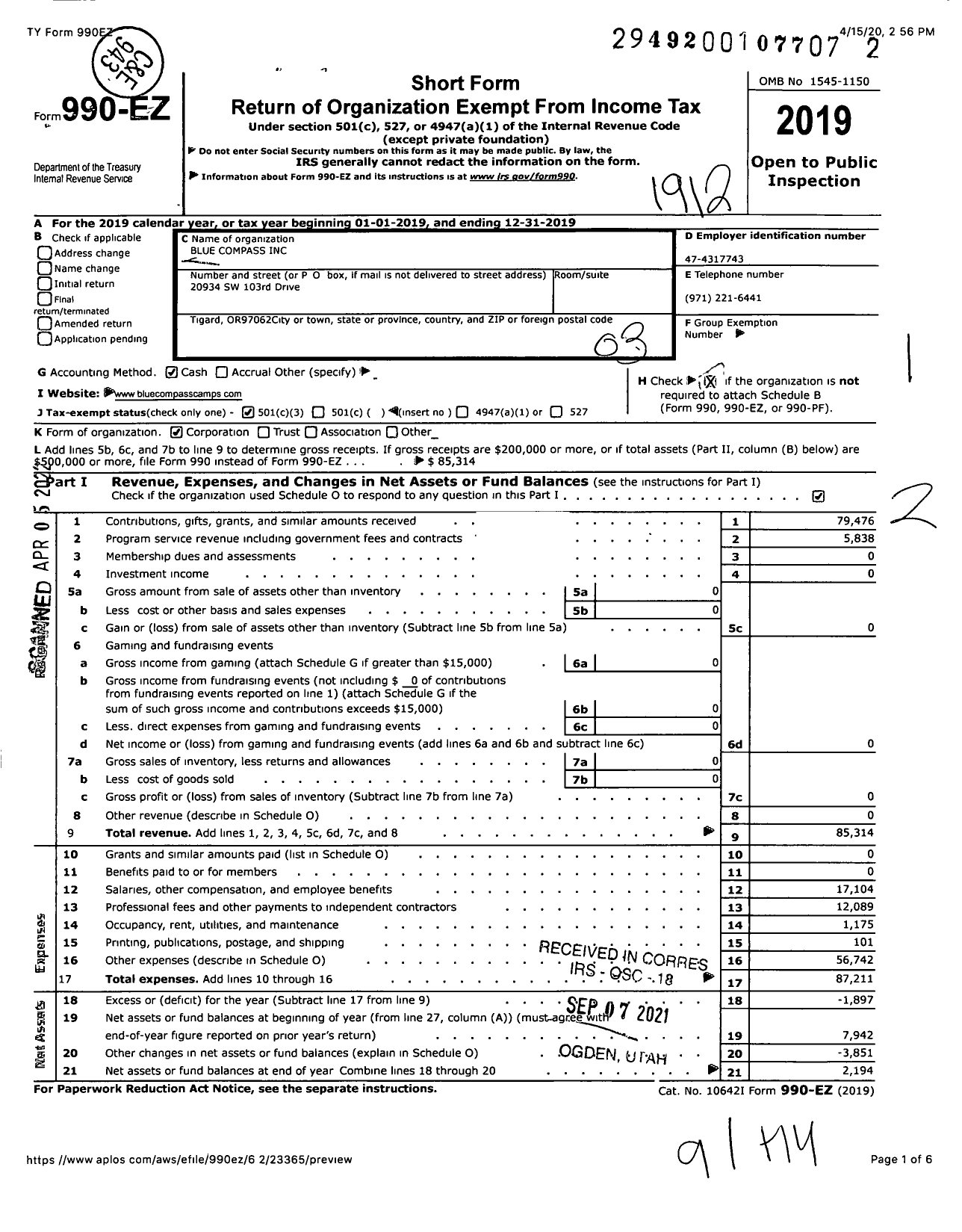 Image of first page of 2019 Form 990EZ for Blue Compass