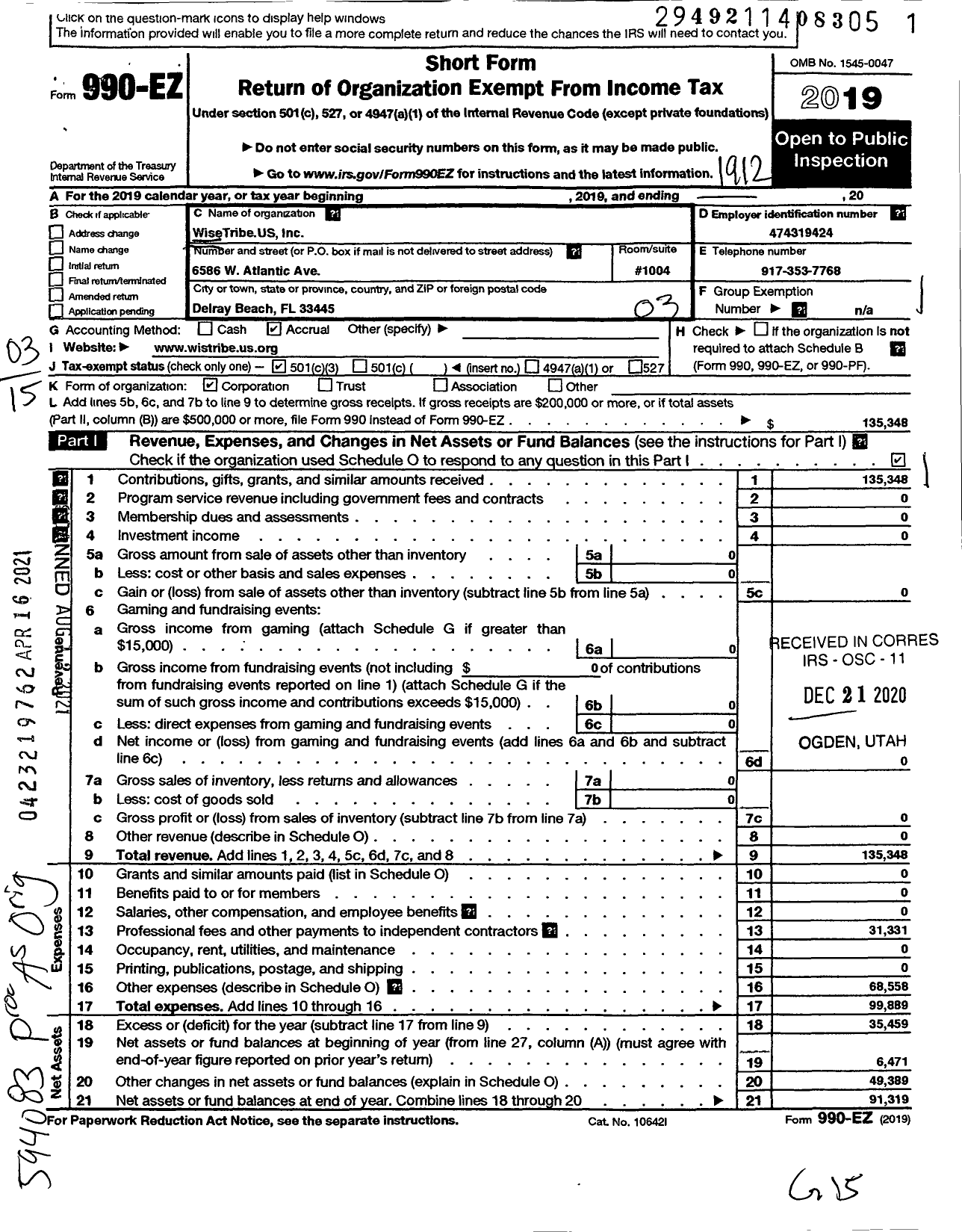 Image of first page of 2019 Form 990EZ for WiseTribe US