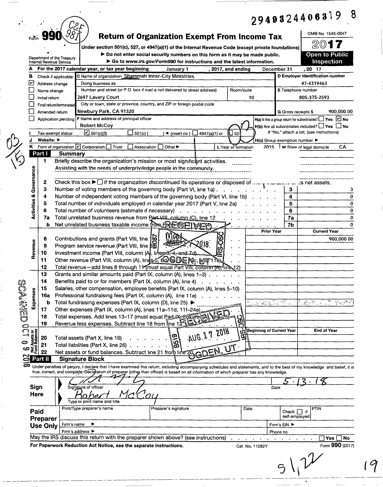 Image of first page of 2017 Form 990 for Shammah Inner-City Ministries