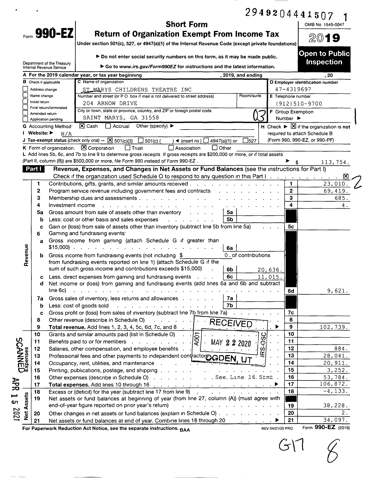 Image of first page of 2019 Form 990EZ for St Marys Childrens Theatre