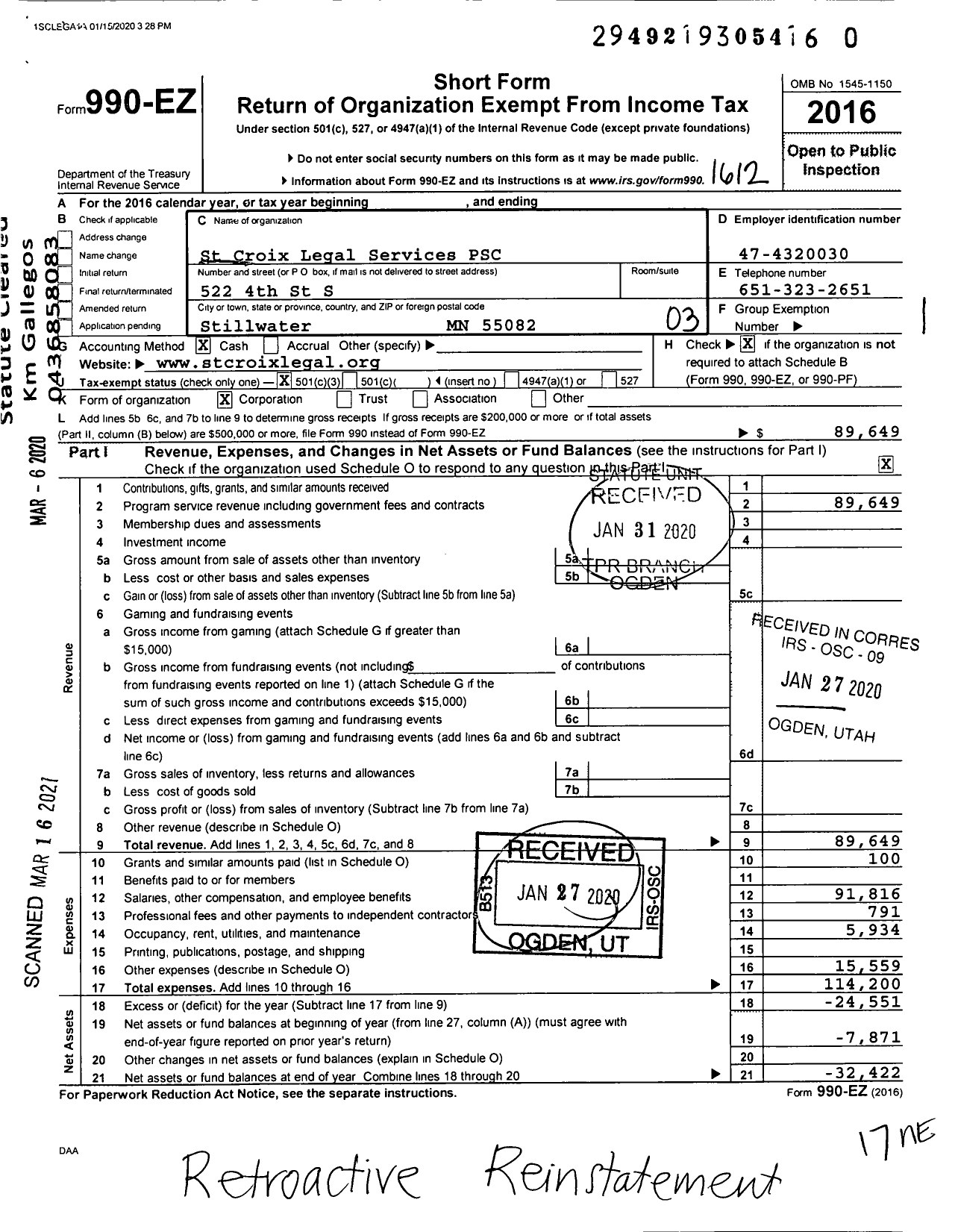 Image of first page of 2016 Form 990EZ for St Croix Legal Services PSC