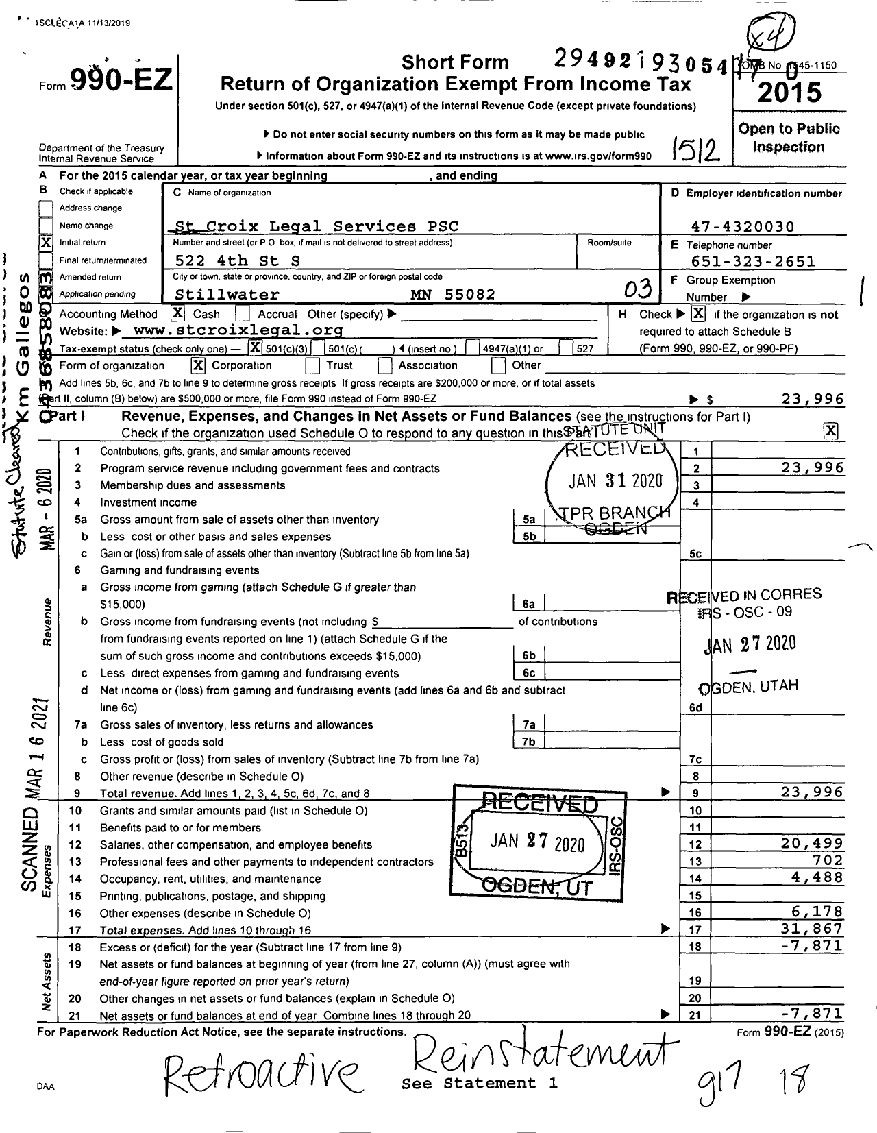 Image of first page of 2015 Form 990EZ for St Croix Legal Services PSC