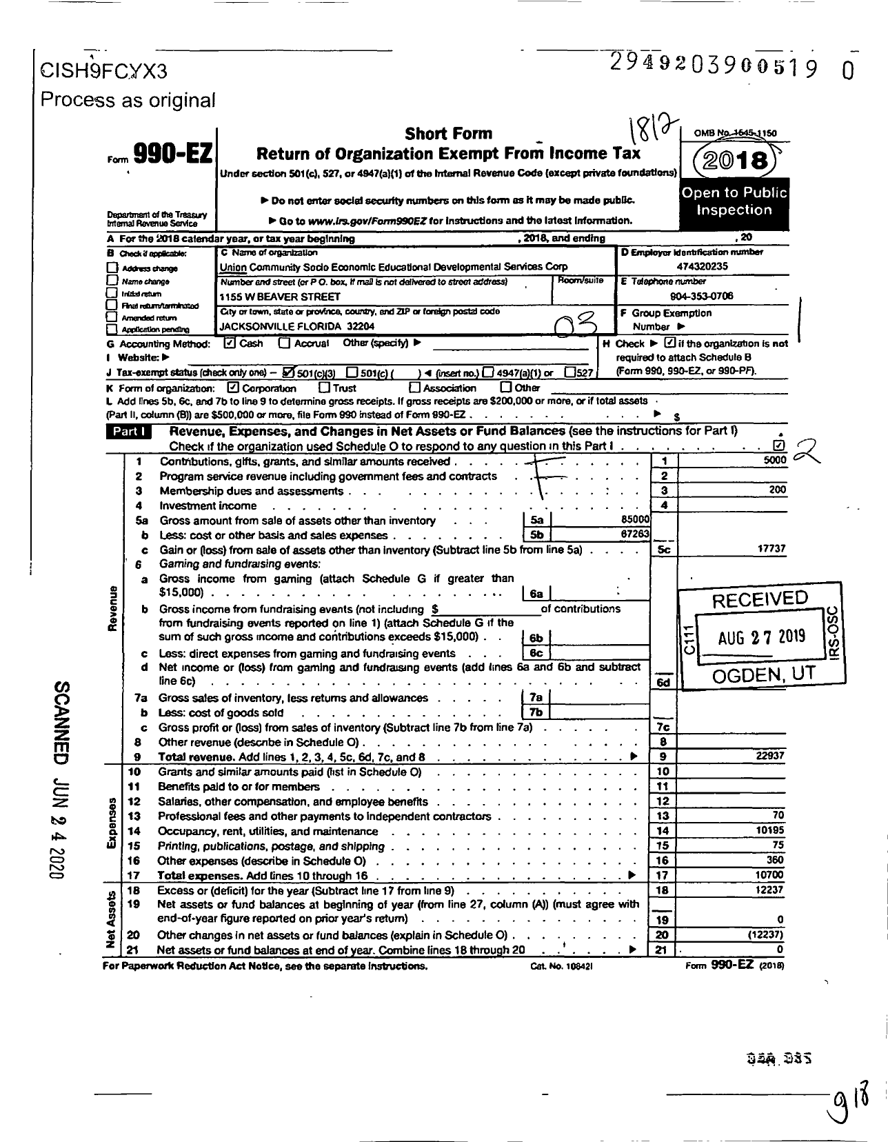 Image of first page of 2018 Form 990EZ for Union Community Socio Economic Educational Developmental Services Corporation