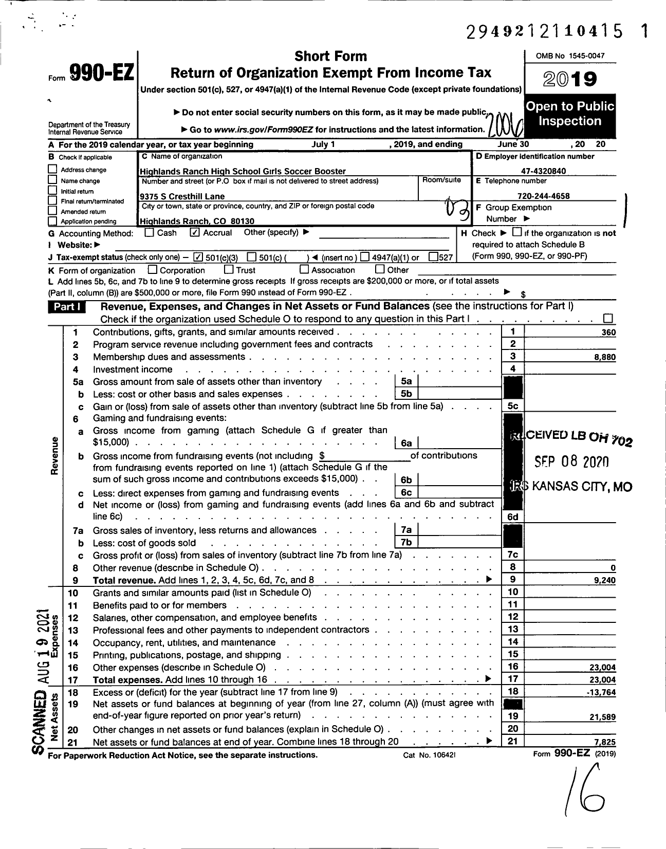 Image of first page of 2019 Form 990EZ for Highlands Ranch High School Girls Soccer Booster