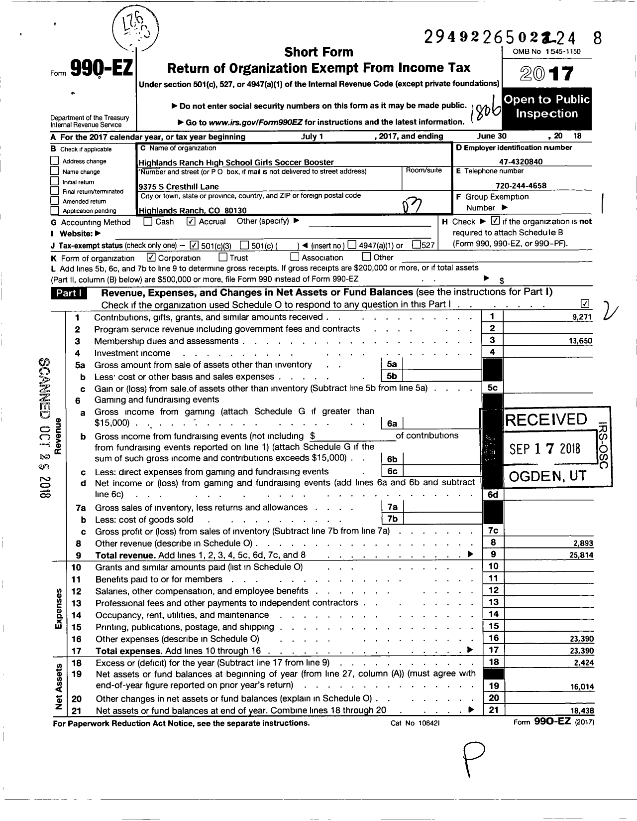 Image of first page of 2017 Form 990EZ for Highlands Ranch High School Girls Soccer Booster