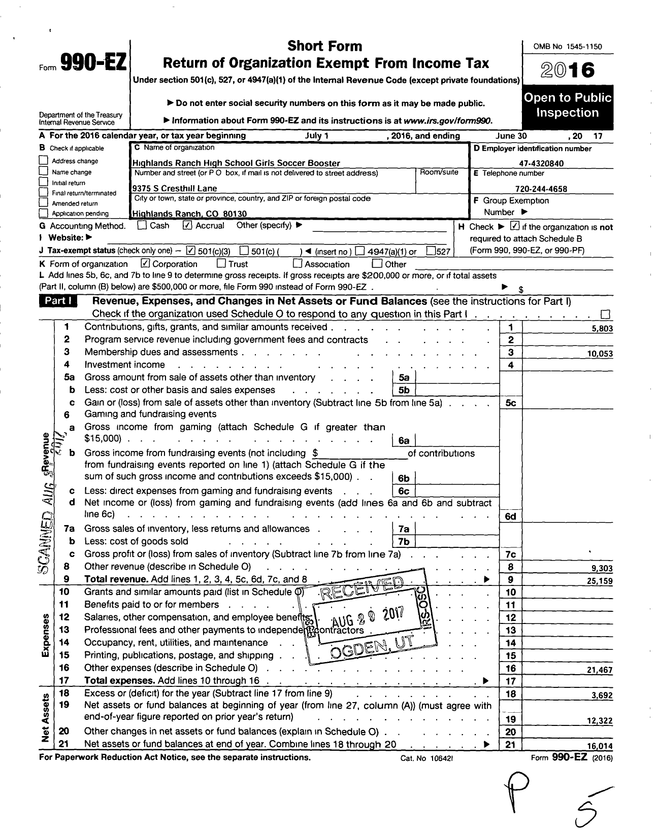 Image of first page of 2016 Form 990EZ for Highlands Ranch High School Girls Soccer Booster