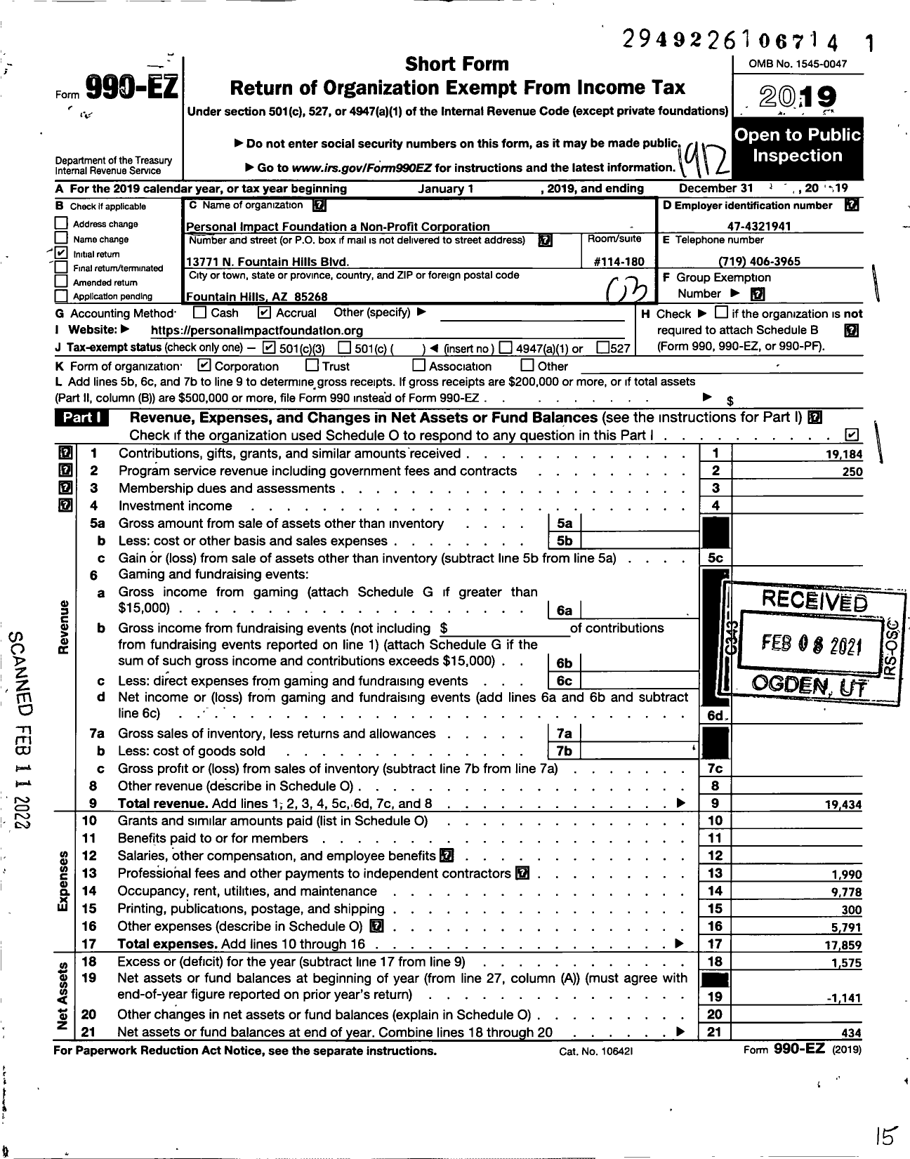 Image of first page of 2019 Form 990EZ for Personal Impact Foundation A Non Profit Corporation