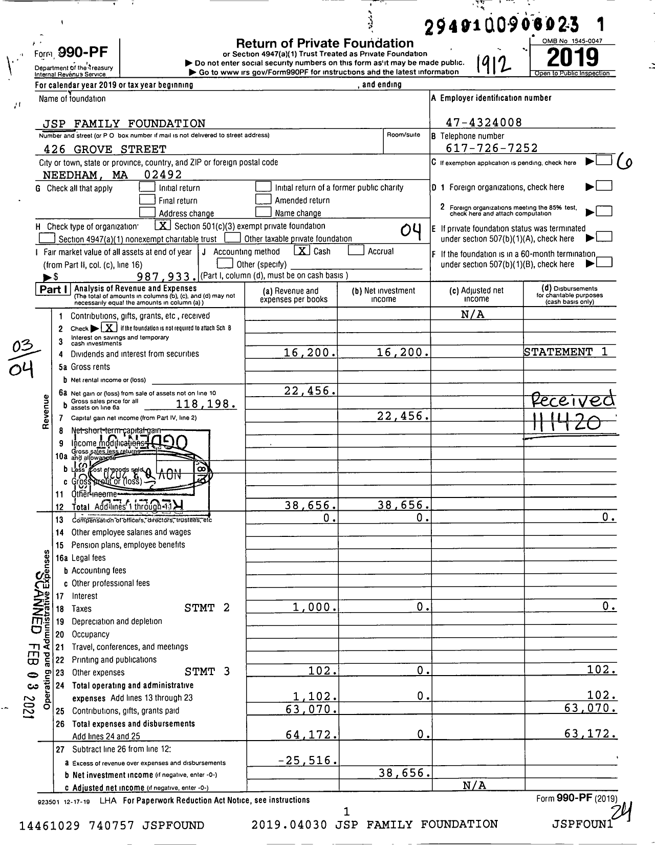 Image of first page of 2019 Form 990PF for JSP Family Foundation