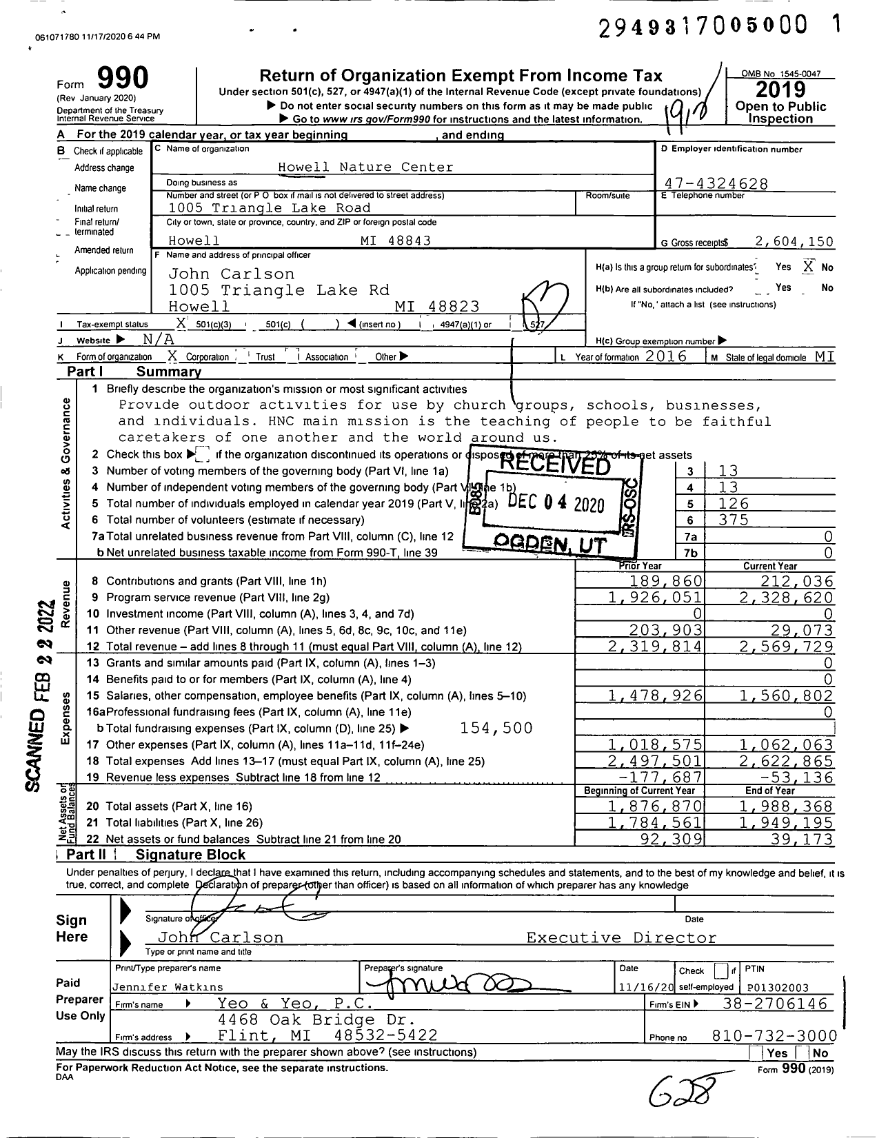 Image of first page of 2019 Form 990 for Howell Nature Center