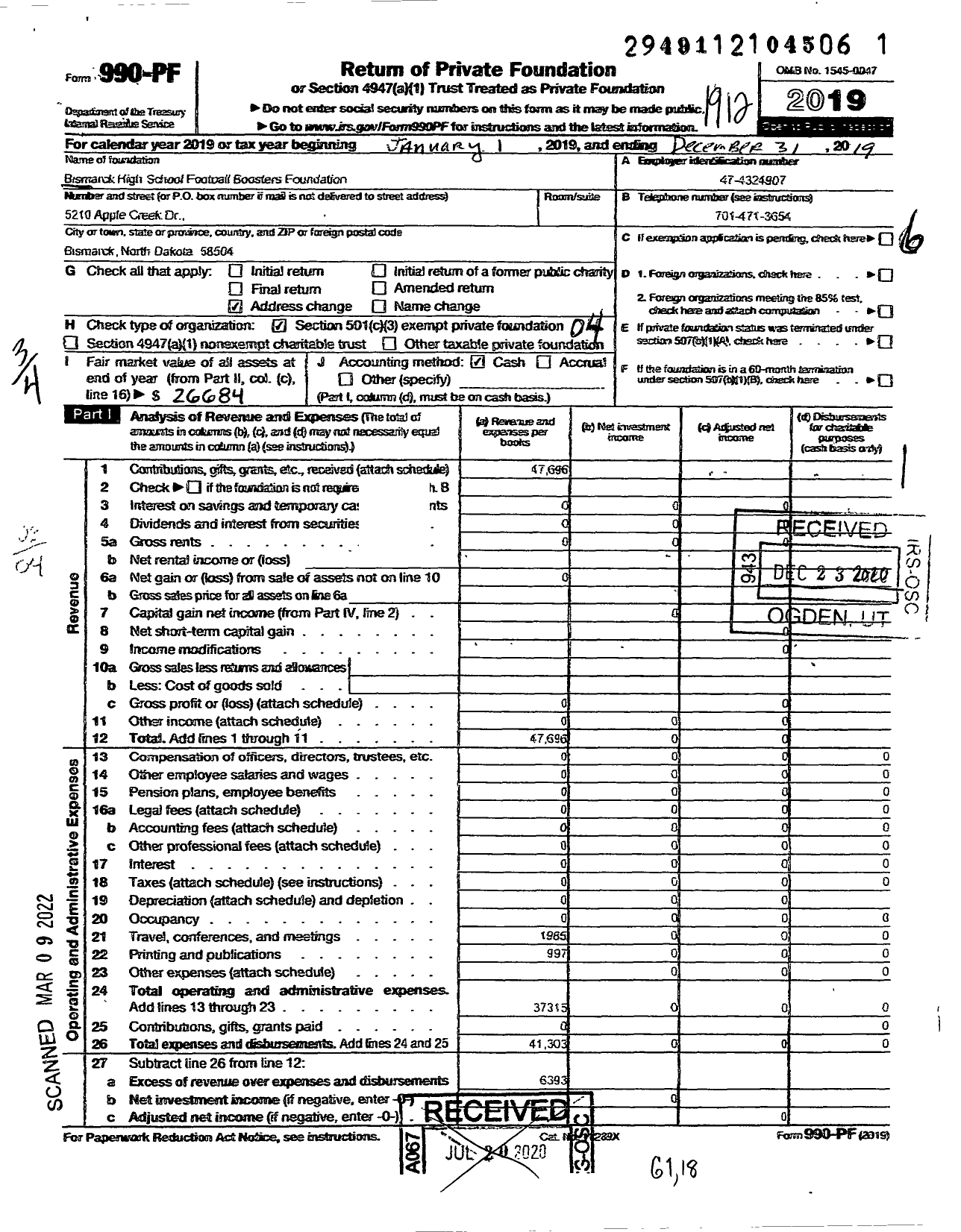 Image of first page of 2019 Form 990PF for Bismarck High School Football Boosters Foundation