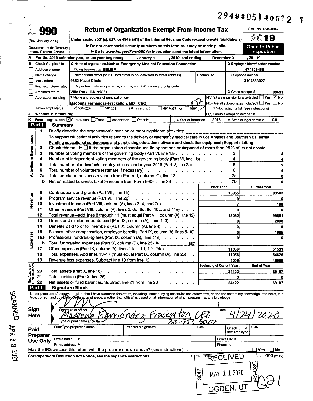 Image of first page of 2019 Form 990 for Harbor Emergency Medical Education Foundation (HEMEF)