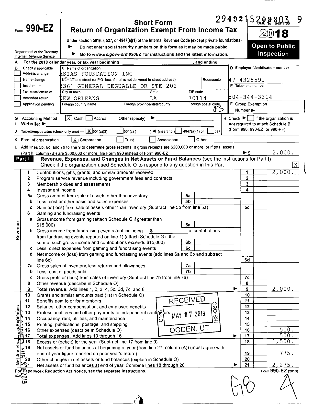 Image of first page of 2018 Form 990EZ for Asias Foundation