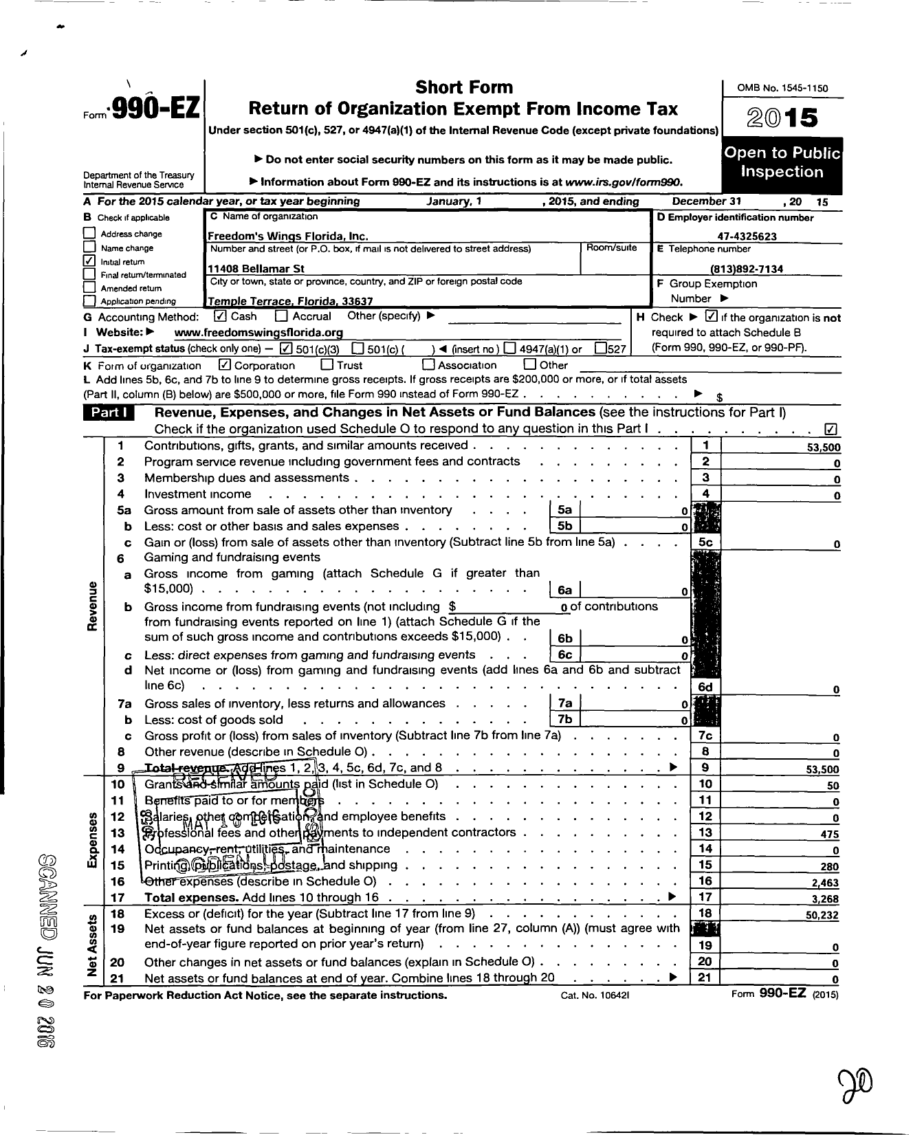 Image of first page of 2015 Form 990EZ for Freedoms Wings Florida