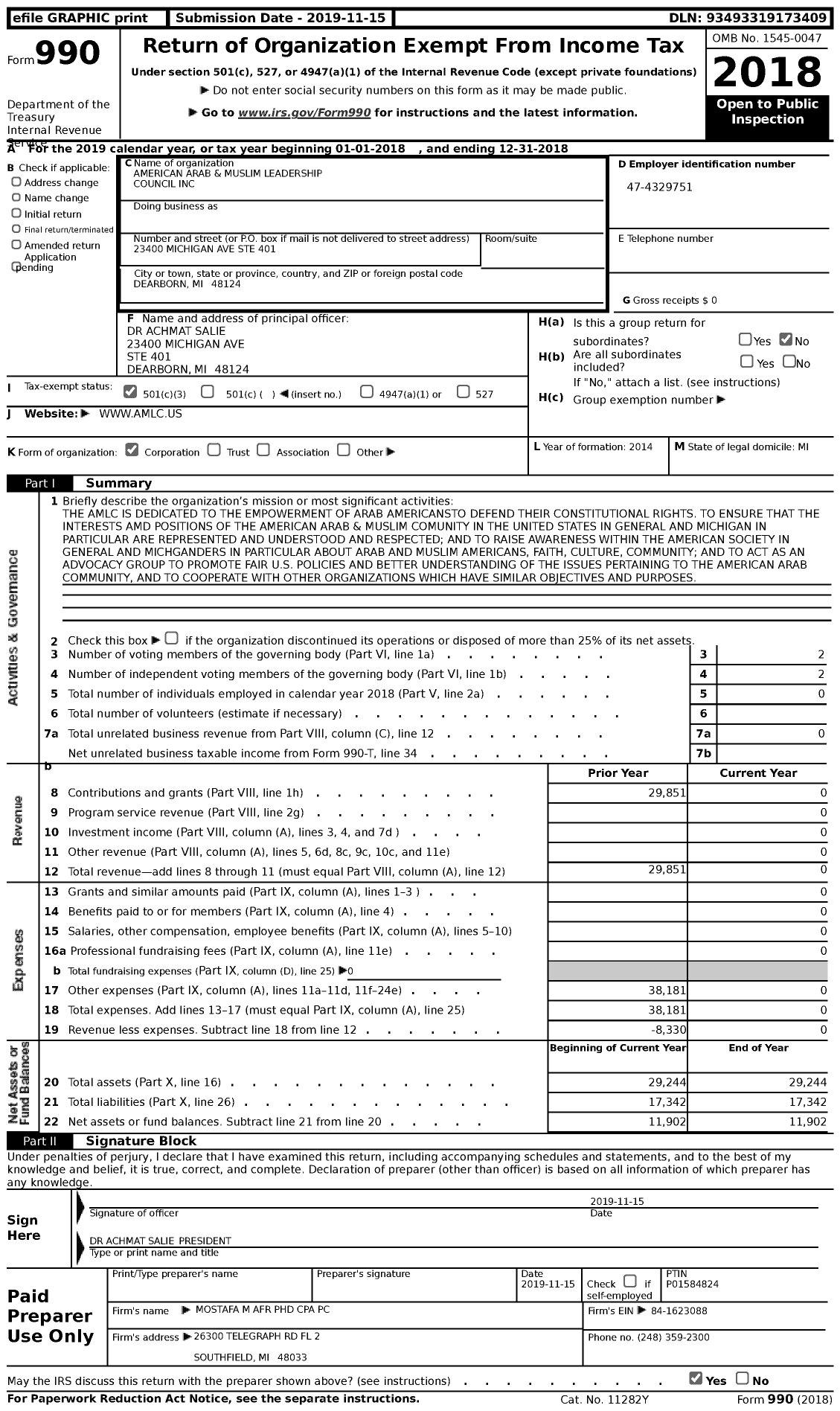 Image of first page of 2018 Form 990 for American Arab and Muslim Leadership