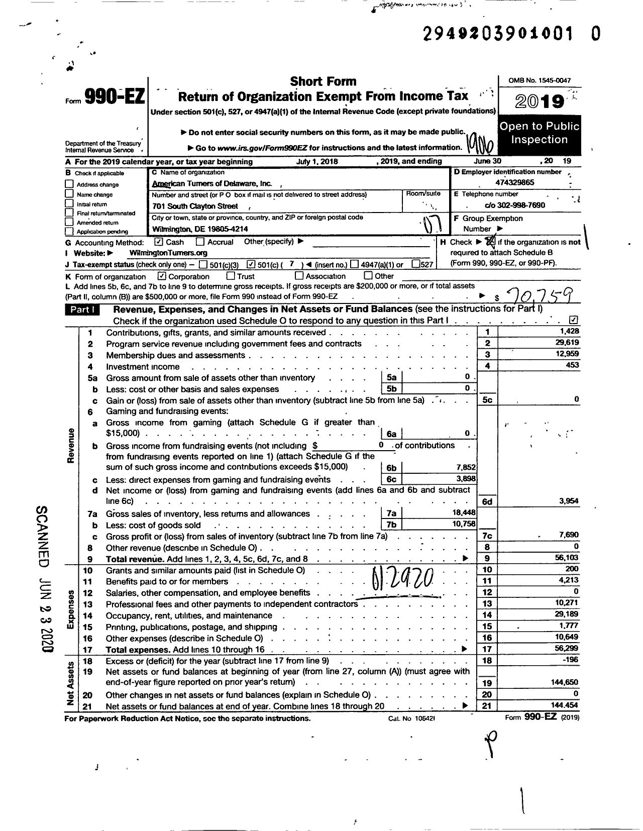 Image of first page of 2018 Form 990EO for American Turners of Delaware