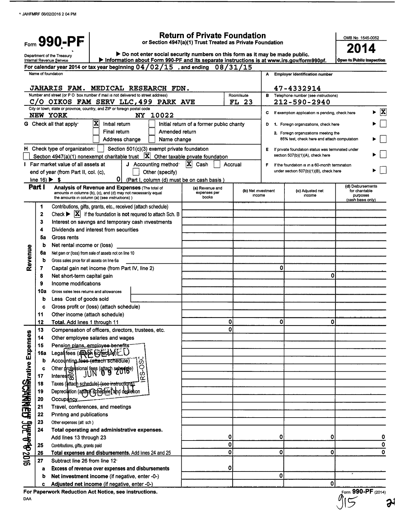 Image of first page of 2014 Form 990PF for Jaharis Family Medical Research Foundation