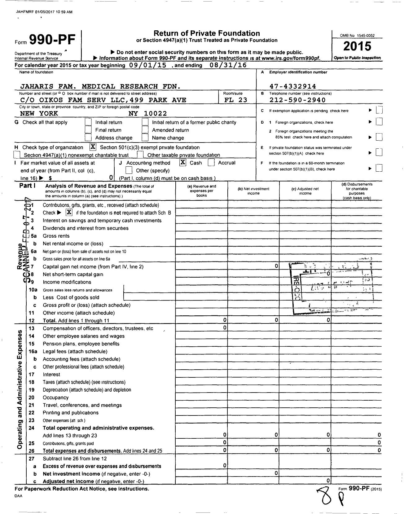 Image of first page of 2015 Form 990PF for Jaharis Family Medical Research Foundation