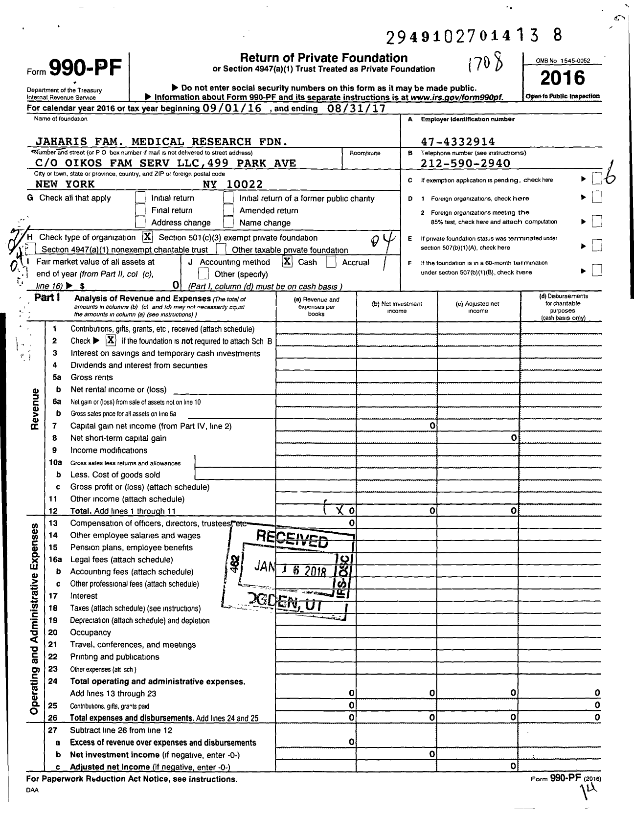 Image of first page of 2016 Form 990PF for Jaharis Family Medical Research Foundation