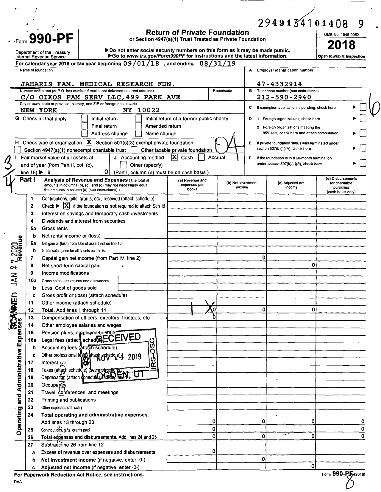 Image of first page of 2018 Form 990PF for Jaharis Family Medical Research Foundation