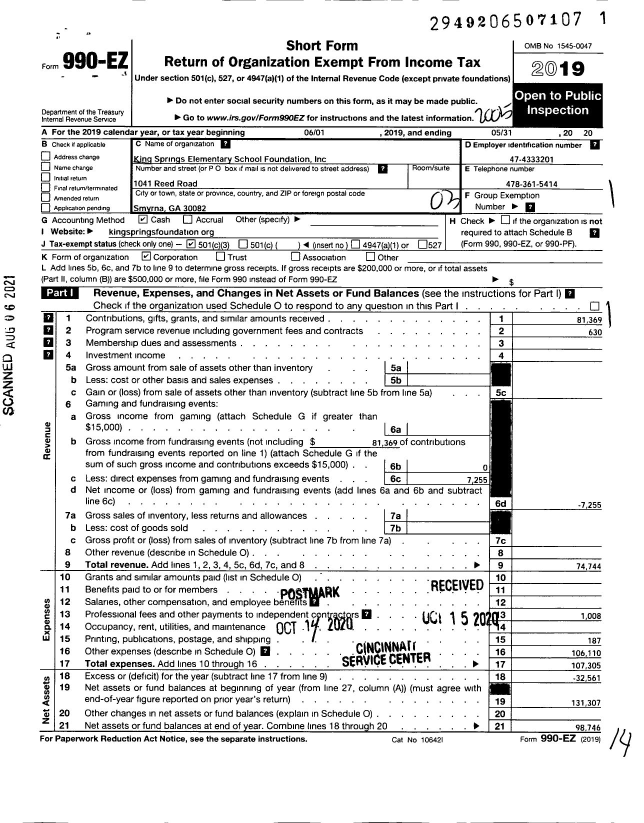 Image of first page of 2019 Form 990EZ for King Springs Elementary School Foundation