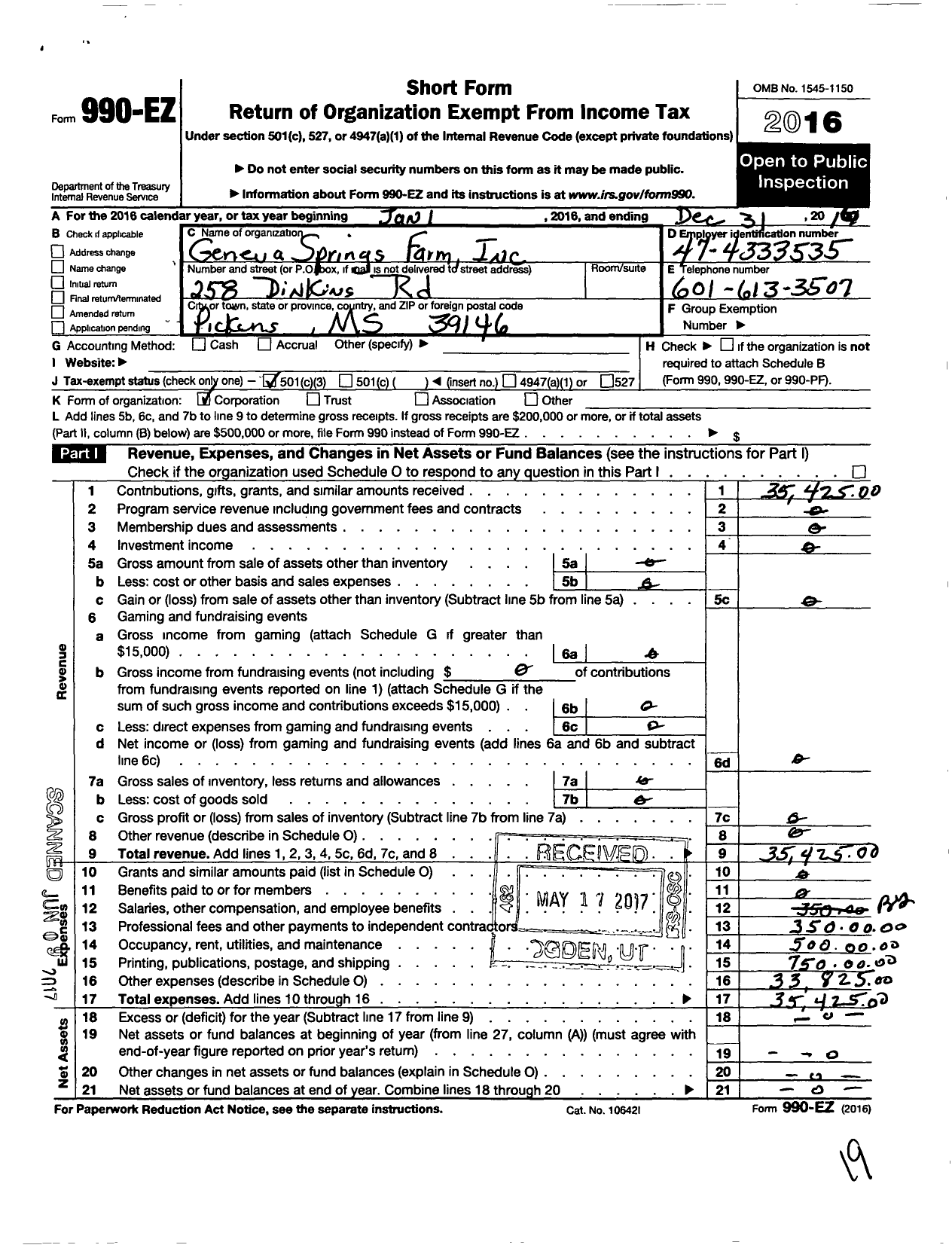 Image of first page of 2016 Form 990EZ for Geneva Springs Farm