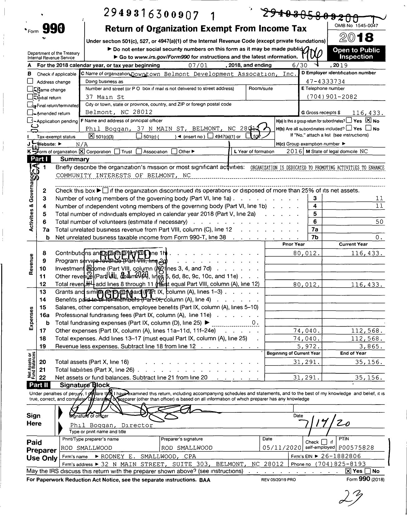 Image of first page of 2018 Form 990 for Downtown Belmont Development Association