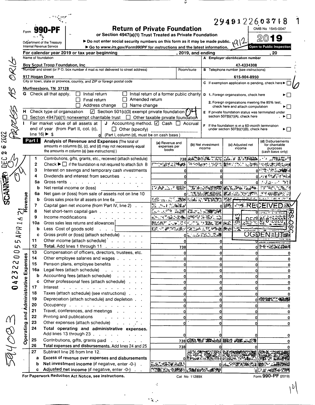 Image of first page of 2019 Form 990PF for Boy Scout Troop Foundation