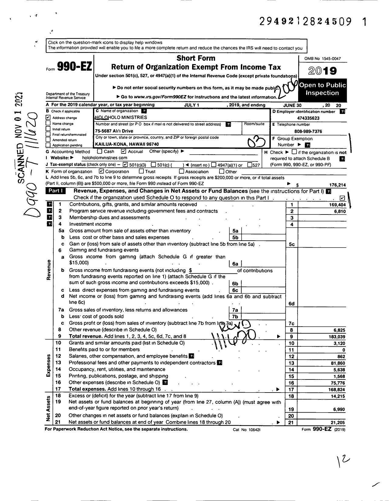 Image of first page of 2019 Form 990EZ for Holoholo Ministries