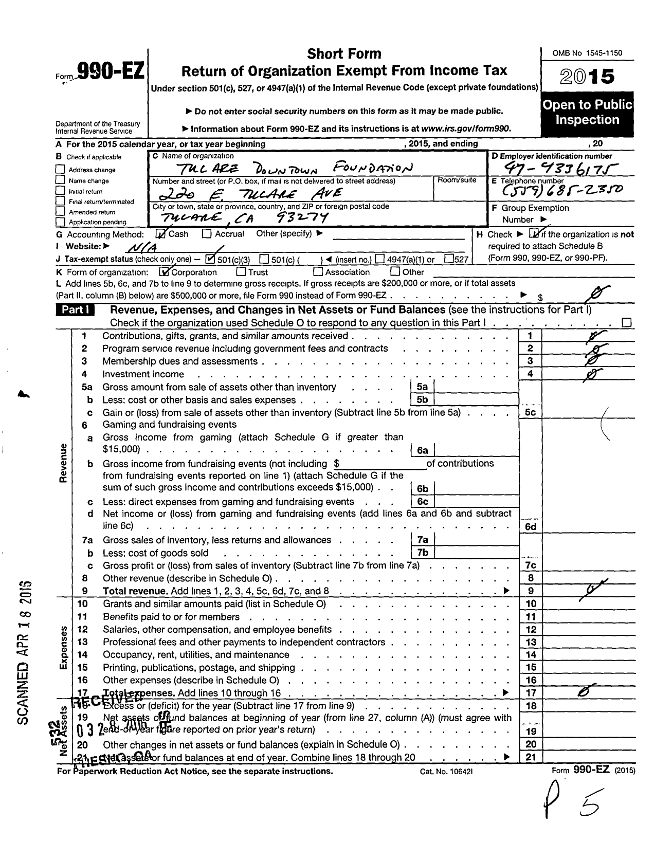 Image of first page of 2015 Form 990EZ for Tulare Downtown Foundation
