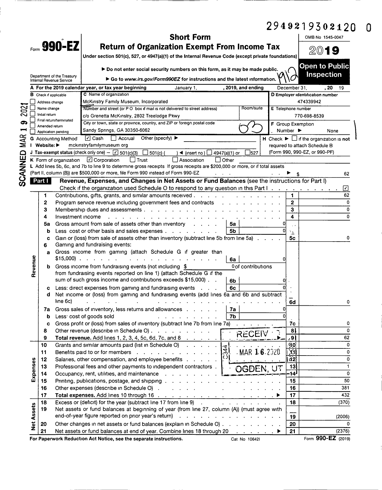 Image of first page of 2019 Form 990EZ for Mckinstry Family Museum