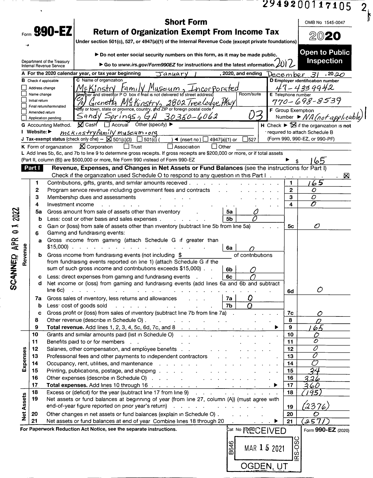 Image of first page of 2020 Form 990EZ for Mckinstry Family Museum