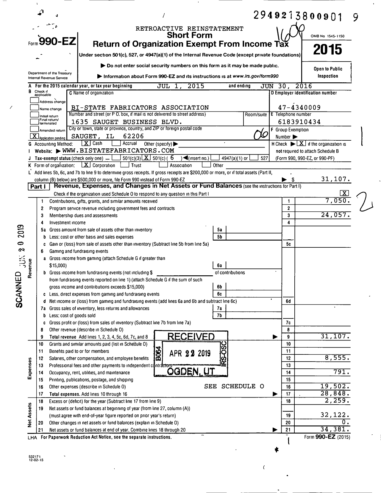 Image of first page of 2015 Form 990EO for Bi-State Fabricators Association