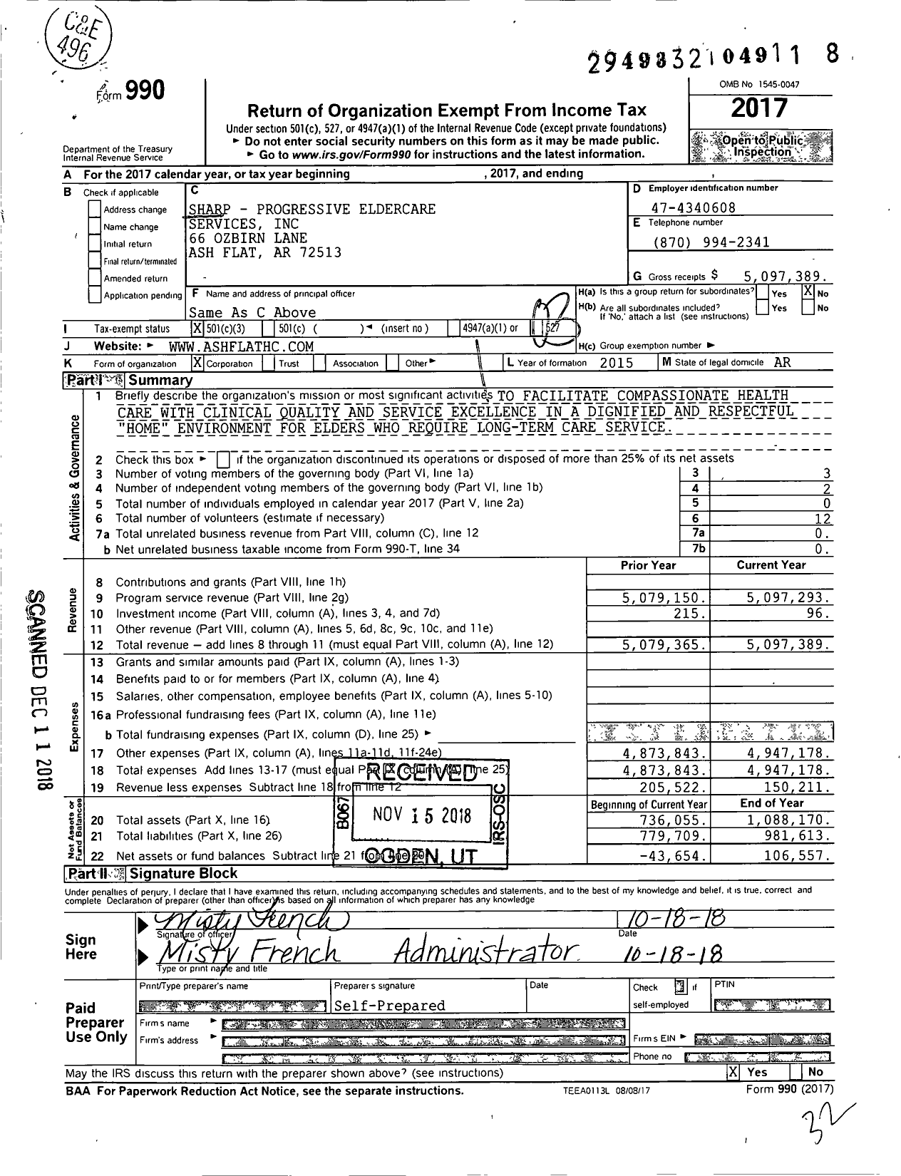 Image of first page of 2017 Form 990 for Ash Flat Healthcare and Rehab Center